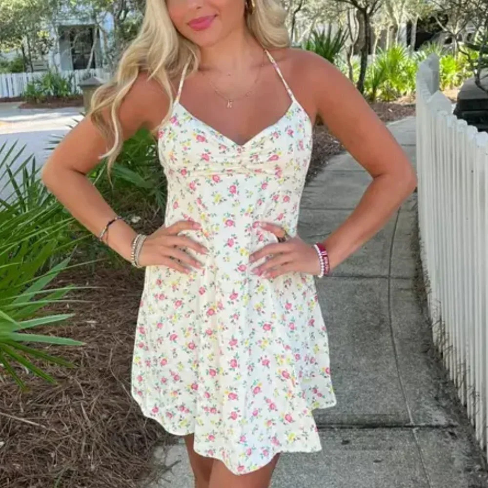 Zara Ditsy Floral Open Back Mini Slip Dress Yellow Pink Rose NWOT Size Large